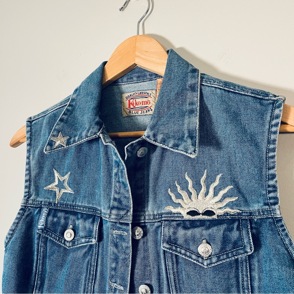 Vintage Cropped Denim Vest KiKoMo Star Sun Embroidery Small - Picture 2 of 7